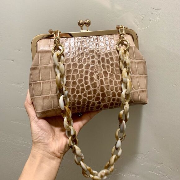 Handmade Genuine Leather Croc-Embossed Kisslock Clutch/Shoulder bag/Crossbody - Picture 1 of 16